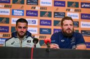 28 November 2024; Tom Wright, left, and James Slipper speak to the press during an Australia Rugby media conference at the Radisson St Helen's Hotel in Dublin. Photo by Ben McShane/Sportsfile