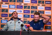 28 November 2024; Tom Wright, left, and James Slipper share a joke during an Australia Rugby media conference at the Radisson St Helen's Hotel in Dublin. Photo by Ben McShane/Sportsfile