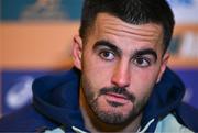 28 November 2024; Tom Wright speaks to the press during an Australia Rugby media conference at the Radisson St Helen's Hotel in Dublin. Photo by Ben McShane/Sportsfile
