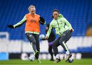 28 November 2024; Megan Campbell and Amber Barrett, left, during a Republic of Ireland women training session at Cardiff City Stadium in Wales. Photo by Stephen McCarthy/Sportsfile
