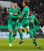 28 November 2024; Nenad Cvetkovic of SK Rapid, left, celebrates after scoring his side's first goal during the UEFA Conference League 2024/25 league phase match between SK Rapid and Shamrock Rovers at the Allianz Stadion in Vienna, Austria. Photo by Tom Seiss/Sportsfile