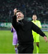 28 November 2024; Shamrock Rovers manager Stephen Bradley celebrates after the UEFA Conference League 2024/25 league phase match between SK Rapid and Shamrock Rovers at the Allianz Stadion in Vienna, Austria. Photo by Tom Seiss/Sportsfile