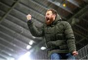 28 November 2024; A Shamrock Rovers supporter celebrates after the UEFA Conference League 2024/25 league phase match between SK Rapid and Shamrock Rovers at the Allianz Stadion in Vienna, Austria. Photo by Tom Seiss/Sportsfile