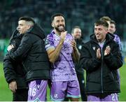 28 November 2024; Roberto Lopes of Shamrock Rovers, centre, with his teammates celebrates after the UEFA Conference League 2024/25 league phase match between SK Rapid and Shamrock Rovers at the Allianz Stadion in Vienna, Austria. Photo by Tom Seiss/Sportsfile