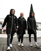 29 November 2024; Republic of Ireland players, from left, Diane Caldwell, Amber Barrett and Heather Payne during a match-day team walk ahead of their UEFA Women's EURO 2025 Play-off second round first leg match against Wales in Cardiff. Photo by Stephen McCarthy/Sportsfile
