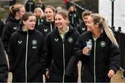 29 November 2024; Republic of Ireland players, from left, Tyler Toland, Sophie Whitehouse and Lily Agg during a match-day team walk ahead of their UEFA Women's EURO 2025 Play-off second round first leg match against Wales in Cardiff. Photo by Stephen McCarthy/Sportsfile