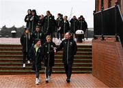 29 November 2024; Republic of Ireland players Denise O'Sullivan, left, Megan Connolly and assistant coach Colin Healy during a match-day team walk ahead of their UEFA Women's EURO 2025 Play-off second round first leg match against Wales in Cardiff. Photo by Stephen McCarthy/Sportsfile