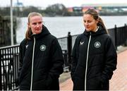 29 November 2024; Republic of Ireland players Courtney Brosnan and Kyra Carusa, right, during a match-day team walk ahead of their UEFA Women's EURO 2025 Play-off second round first leg match against Wales in Cardiff. Photo by Stephen McCarthy/Sportsfile