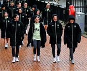 29 November 2024; Republic of Ireland players, from left, Niamh Fahey, Denise O'Sullivan, Katie McCabe and Grace Moloney during a match-day team walk ahead of their UEFA Women's EURO 2025 Play-off second round first leg match against Wales in Cardiff. Photo by Stephen McCarthy/Sportsfile