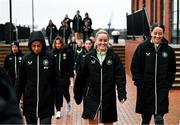 29 November 2024; Republic of Ireland players, from left, Katie McCabe, Jessie Stapleton and Anna Patten during a match-day team walk ahead of their UEFA Women's EURO 2025 Play-off second round first leg match against Wales in Cardiff. Photo by Stephen McCarthy/Sportsfile