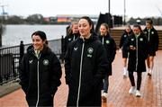 29 November 2024; Republic of Ireland players Marissa Sheva, left, and Megan Campbell during a match-day team walk ahead of their UEFA Women's EURO 2025 Play-off second round first leg match against Wales in Cardiff. Photo by Stephen McCarthy/Sportsfile