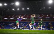 29 November 2024; Caitlin Hayes, left, and Kyra Carusa of Republic of Ireland before the UEFA Women's EURO 2025 Play-off Round Two first leg match between Wales and Republic of Ireland at Cardiff City Stadium in Wales. Photo by Stephen McCarthy/Sportsfile