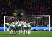 29 November 2024; Republic of Ireland players huddle before the UEFA Women's EURO 2025 Play-off Round Two first leg match between Wales and Republic of Ireland at Cardiff City Stadium in Wales. Photo by Harry Murphy/Sportsfile
