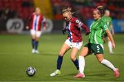 29 November 2024; Mathilde Harviken of Norway in action against Brenna McPartlan of Northern Ireland during the UEFA Women's EURO 2025 Play-off round two first leg match between Northern Ireland and Norway at Inver Park in Larne, Antrim. Photo by Shauna Clinton/Sportsfile