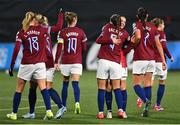 29 November 2024; Tuva Hansen of Norway, centre, celebrates with team-mates after scoring her side's second goal during the UEFA Women's EURO 2025 Play-off round two first leg match between Northern Ireland and Norway at Inver Park in Larne, Antrim. Photo by Shauna Clinton/Sportsfile
