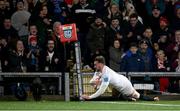 29 November 2024; Ben Carson of Ulster dives over to score his side's first try during the United Rugby Championship match between Ulster and Leinster at Kingspan Stadium in Belfast. Photo by Ramsey Cardy/Sportsfile