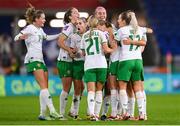29 November 2024; Republic of Ireland players celebrate their first goal, scored by Ruesha Littlejohn, centre, during the UEFA Women's EURO 2025 Play-off Round Two first leg match between Wales and Republic of Ireland at Cardiff City Stadium in Wales. Photo by Stephen McCarthy/Sportsfile