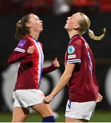 29 November 2024; Karina Saevik of Norway, right, reacts to a missed shot on goal during the UEFA Women's EURO 2025 Play-off round two first leg match between Northern Ireland and Norway at Inver Park in Larne, Antrim. Photo by Shauna Clinton/Sportsfile