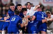 29 November 2024; David McCann of Ulster in action against Leinster players, from left. Diarmuid Mangan, Max Deegan, Luke McGrath and Jack Boyle, during the United Rugby Championship match between Ulster and Leinster at Kingspan Stadium in Belfast. Photo by Ramsey Cardy/Sportsfile
