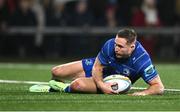 29 November 2024; Jordan Larmour of Leinster scores his side's second try during the United Rugby Championship match between Ulster and Leinster at Kingspan Stadium in Belfast. Photo by Ramsey Cardy/Sportsfile