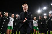 29 November 2024; Republic of Ireland head coach Eileen Gleeson speaks to her players after the UEFA Women's EURO 2025 Play-off Round Two first leg match between Wales and Republic of Ireland at Cardiff City Stadium in Wales. Photo by Stephen McCarthy/Sportsfile