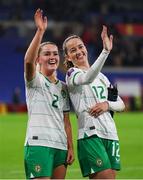 29 November 2024; Jessie Stapleton, left, and Anna Patten of Republic of Ireland after the UEFA Women's EURO 2025 Play-off Round Two first leg match between Wales and Republic of Ireland at Cardiff City Stadium in Wales. Photo by Harry Murphy/Sportsfile