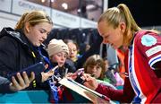 29 November 2024; Frida Maanum of Norway signs autographs for supporters after her side's victory in the UEFA Women's EURO 2025 Play-off round two first leg match between Northern Ireland and Norway at Inver Park in Larne, Antrim. Photo by Shauna Clinton/Sportsfile