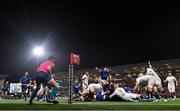 29 November 2024; James Culhane of Leinster, hidden, scores his side's fourth try during the United Rugby Championship match between Ulster and Leinster at Kingspan Stadium in Belfast. Photo by Ramsey Cardy/Sportsfile
