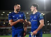 29 November 2024; Leinster players Max Deegan, left, and Jimmy O'Brien after their side's victory in the United Rugby Championship match between Ulster and Leinster at Kingspan Stadium in Belfast. Photo by Seb Daly/Sportsfile
