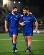 29 November 2024; Leinster players Michael Milne, left, and Rabah Slimani after their side's victory in the United Rugby Championship match between Ulster and Leinster at Kingspan Stadium in Belfast. Photo by Seb Daly/Sportsfile