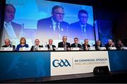 30 November 2024; The top table, from left, GAA trustee John Murphy, GAA trustee Tracey Kennedy, Ulster GAA president Ciarán McLoughlin, Leinster Council chairman Derek Kent, Uachtarán Chumann Lúthchleas Gael Jarlath Burns, Ard Stiúrthóir of the GAA Tom Ryan, former GAA president Larry McCarthy, Munster GAA chairman Ger Ryan, Connacht GAA Council president Vincent Neary and Britain GAA president Seán Hopkins during the GAA Special Congress 2024 at Croke Park in Dublin. Photo by Piaras Ó Mídheach/Sportsfile