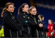 29 November 2024; Republic of Ireland physiotherapist Angela Kenneally, centre, STATSports analyst Claire Dunne, right, and team doctor Siobhan Forman, left, before the UEFA Women's EURO 2025 Play-off Round Two first leg match between Wales and Republic of Ireland at Cardiff City Stadium in Wales. Photo by Stephen McCarthy/Sportsfile