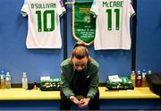 29 November 2024; Katie McCabe of Republic of Ireland in the dressing room before the UEFA Women's EURO 2025 Play-off Round Two first leg match between Wales and Republic of Ireland at Cardiff City Stadium in Wales. Photo by Stephen McCarthy/Sportsfile