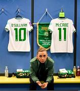 29 November 2024; Katie McCabe of Republic of Ireland in the dressing room before the UEFA Women's EURO 2025 Play-off Round Two first leg match between Wales and Republic of Ireland at Cardiff City Stadium in Wales. Photo by Stephen McCarthy/Sportsfile