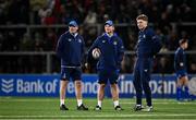 29 November 2024; Leinster senior coach Jacques Nienaber, left, assistant coach Tyler Bleyendaal, centre, and Jordie Barrett before the United Rugby Championship match between Ulster and Leinster at Kingspan Stadium in Belfast. Photo by Seb Daly/Sportsfile