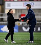 29 November 2024; Ulster head coach Richie Murphy, left, and Jordie Barrett of Leinster before the United Rugby Championship match between Ulster and Leinster at Kingspan Stadium in Belfast. Photo by Seb Daly/Sportsfile
