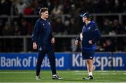 29 November 2024; Leinster's Jordie Barrett, left, and assistant coach Tyler Bleyendaal before the United Rugby Championship match between Ulster and Leinster at Kingspan Stadium in Belfast. Photo by Seb Daly/Sportsfile