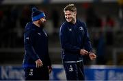 29 November 2024; Leinster contact skills coach Sean O'Brien, left, and Jordie Barrett before the United Rugby Championship match between Ulster and Leinster at Kingspan Stadium in Belfast. Photo by Seb Daly/Sportsfile