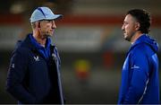 29 November 2024; Leinster head coach Leo Cullen, left, and Will Connors before the United Rugby Championship match between Ulster and Leinster at Kingspan Stadium in Belfast. Photo by Seb Daly/Sportsfile