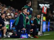 29 November 2024; Leinster's Jordie Barrett and contact skills coach Sean O'Brien during the United Rugby Championship match between Ulster and Leinster at Kingspan Stadium in Belfast. Photo by Seb Daly/Sportsfile
