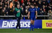 29 November 2024; Leinster players Jordie Barrett, left, and Ross Byrne during the United Rugby Championship match between Ulster and Leinster at Kingspan Stadium in Belfast. Photo by Seb Daly/Sportsfile