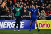 29 November 2024; Leinster players Jordie Barrett, left, and Ross Byrne during the United Rugby Championship match between Ulster and Leinster at Kingspan Stadium in Belfast. Photo by Seb Daly/Sportsfile