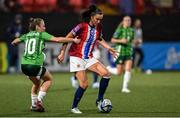29 November 2024; Ingrid Engen of Norway in action against Keri Halliday of Northern Ireland during the UEFA Women's EURO 2025 Play-off round two first leg match between Northern Ireland and Norway at Inver Park in Larne, Antrim. Photo by Shauna Clinton/Sportsfile