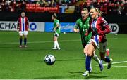 29 November 2024; Frida Maanum of Norway in action against Lauren Wade of Northern Ireland during the UEFA Women's EURO 2025 Play-off round two first leg match between Northern Ireland and Norway at Inver Park in Larne, Antrim. Photo by Shauna Clinton/Sportsfile