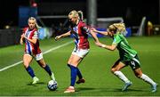 29 November 2024; Karina Saevik of Norway in action against Abi Sweetlove of Northern Ireland during the UEFA Women's EURO 2025 Play-off round two first leg match between Northern Ireland and Norway at Inver Park in Larne, Antrim. Photo by Shauna Clinton/Sportsfile