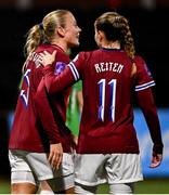 29 November 2024; Guro Bergsvand of Norway, left, is congratulated by team-mate Guro Reiten after she scored her side's fourth goal during the UEFA Women's EURO 2025 Play-off round two first leg match between Northern Ireland and Norway at Inver Park in Larne, Antrim. Photo by Shauna Clinton/Sportsfile