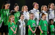 29 November 2024; Northern Ireland players sing the national anthem before the UEFA Women's EURO 2025 Play-off round two first leg match between Northern Ireland and Norway at Inver Park in Larne, Antrim. Photo by Shauna Clinton/Sportsfile