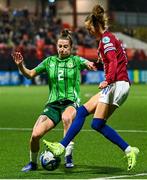 29 November 2024; Caroline Graham Hansen of Norway in action against Rebecca McKenna of Northern Ireland during the UEFA Women's EURO 2025 Play-off round two first leg match between Northern Ireland and Norway at Inver Park in Larne, Antrim. Photo by Shauna Clinton/Sportsfile