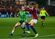 29 November 2024; Caroline Graham Hansen of Norway in action against Rebecca McKenna of Northern Ireland during the UEFA Women's EURO 2025 Play-off round two first leg match between Northern Ireland and Norway at Inver Park in Larne, Antrim. Photo by Shauna Clinton/Sportsfile