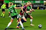 29 November 2024; Karina Saevik of Norway in action against Northern Ireland players Abi Sweetlove, left, and Danielle Maxwell during the UEFA Women's EURO 2025 Play-off round two first leg match between Northern Ireland and Norway at Inver Park in Larne, Antrim. Photo by Shauna Clinton/Sportsfile